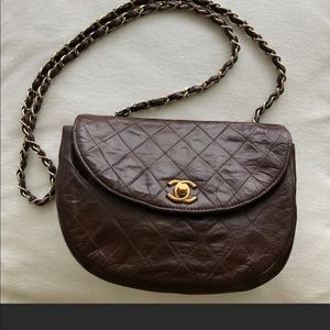 Chanel Quilted brown leather half moon crossbody